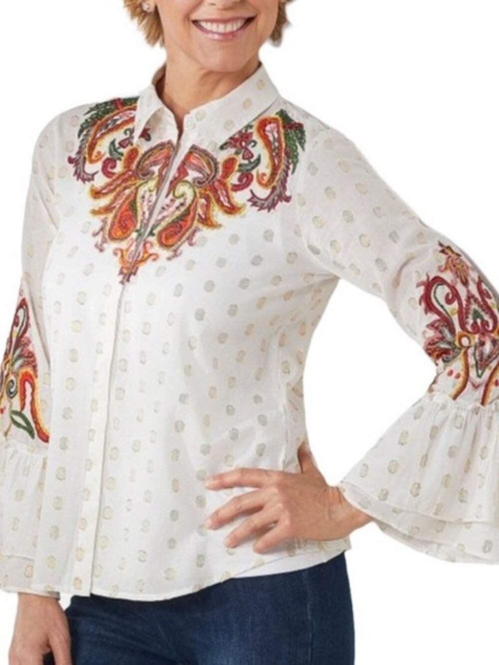 Soft Surroundings Colorful Embroidered Metallic Gold Polka Dot Cotton Blouse M
